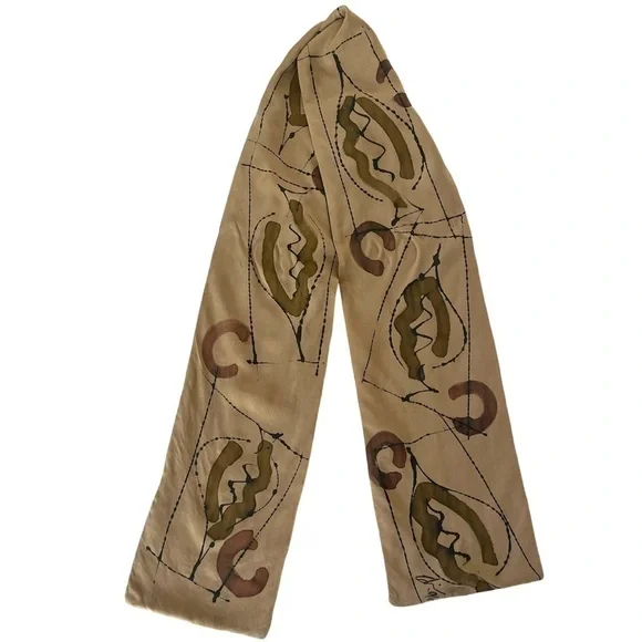 Vintage Hand Painted Silk Reversible Scarf Lagenlook Geometric Art to Wear Tan